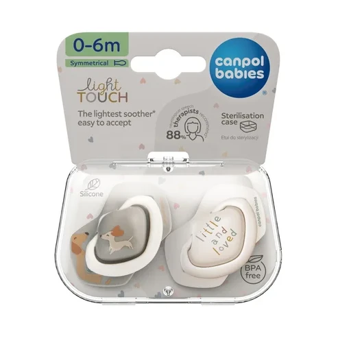 CANPOL BABIES silikoniniai simetriniai čiulptukai Light touch DOGS, 0-6m, 2 vnt., 22/670
