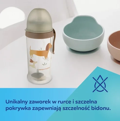 Canpolbabies CANPOL 56/510_bro Neišsiliejantis vandens butelis su vamzdeliu ir virduliu 350ml ŠUNYS