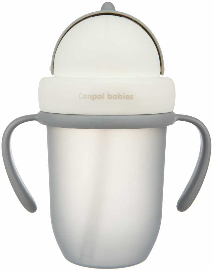 CANPOL BABIES puodelis su silikoniniu šiaudeliu MATTE PASTELS, pilkas, 9 mėn+, 210 ml, 56/522_grey