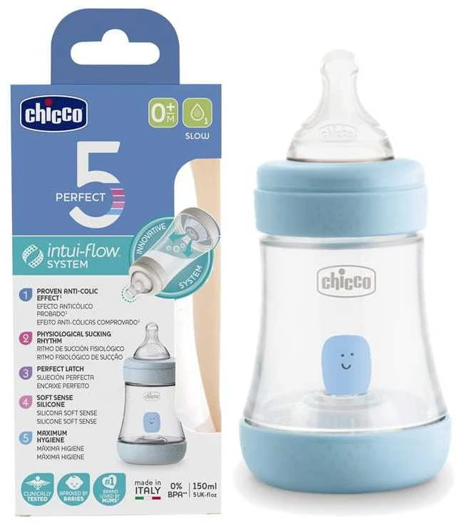 "Chicco" buteliukas Perfect5 0M+150ml mėlynas silikoninis