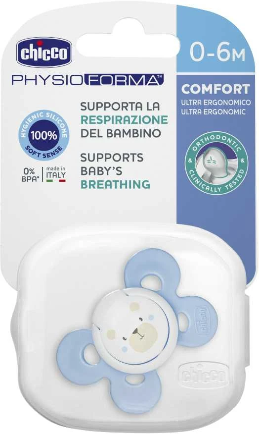 CHICCO Ortodontinis žindukas PHYSIO COMFORT su sterilizavimo dėklu, 0-6M, Iš "Mum effect" silikono