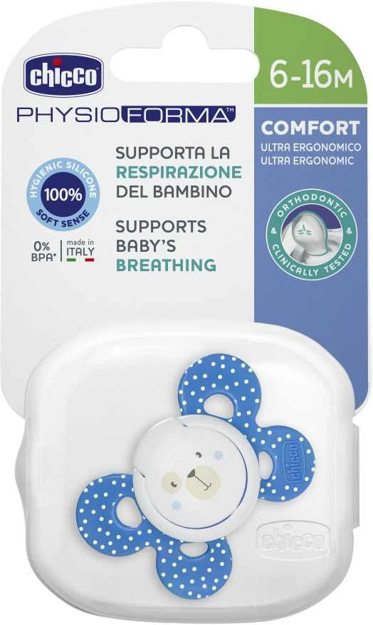 CHICCO Ortodontinis žindukas PHYSIO COMFORT su sterilizavimo dėklu, 6-12M, Iš "Mum effect" silikono