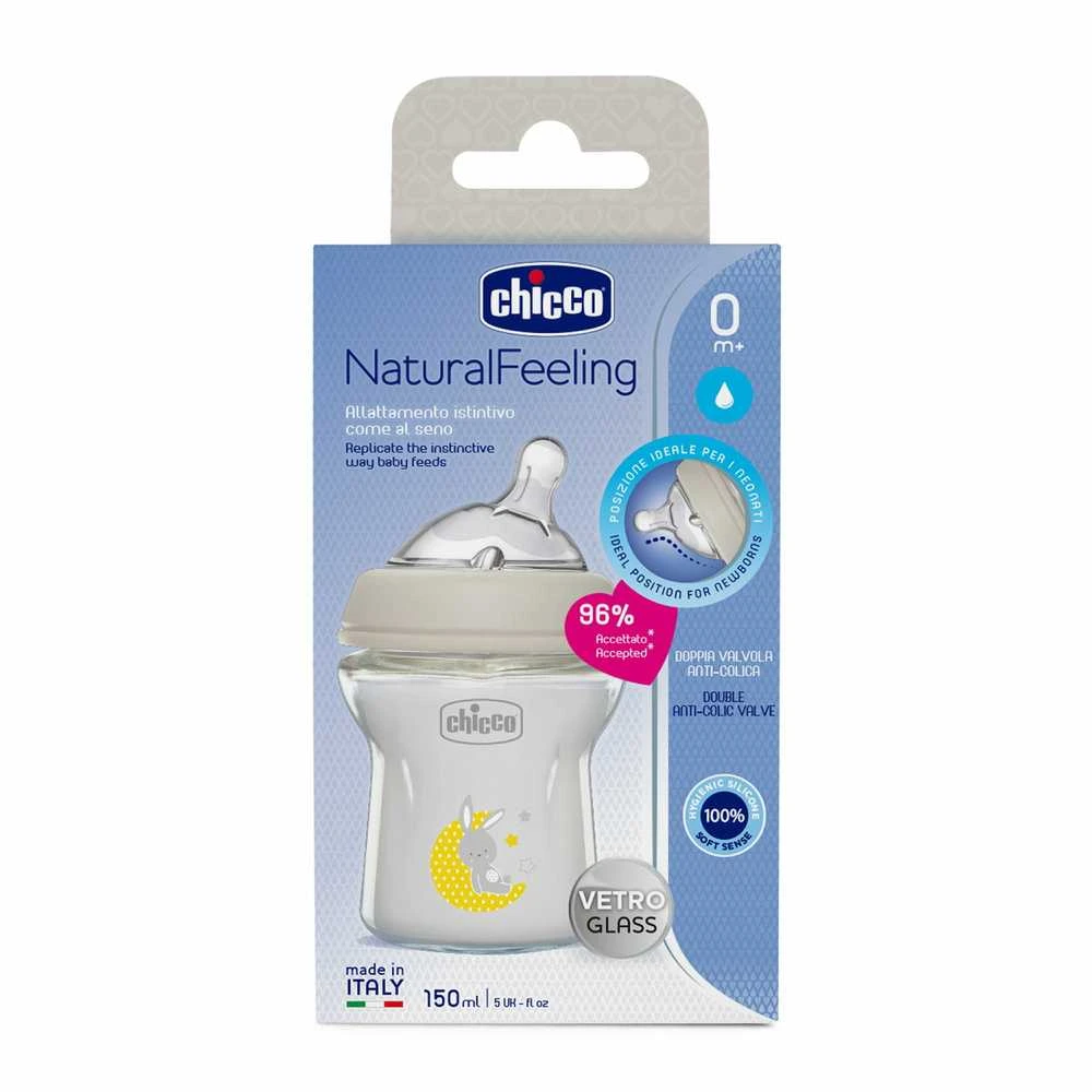 Chicco NaturalFeeling stiklinis buteliukas kūdikiui 150ml 0M+