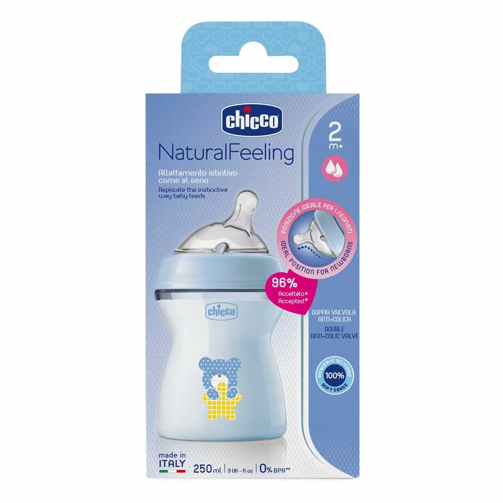 Chicco Bib Nat-Feel 2m Boy silikoninis maitinimo buteliukas vidutinio tėkmės 250ml