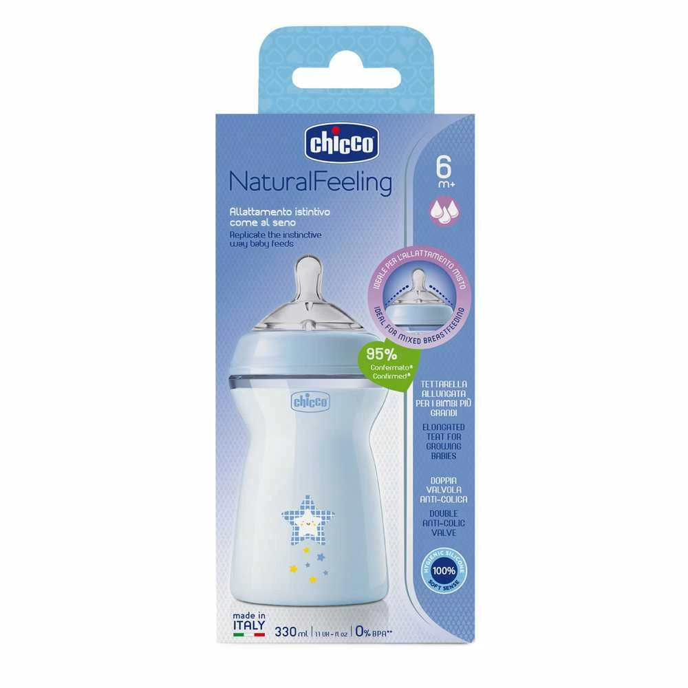 Chicco Naturalfeeling Mėlyna Baby Bottle Fast Flow buteliukas kūdikiams 330ml 6m