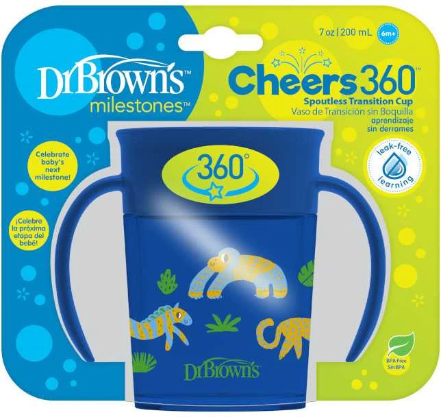 DR. BROWN'S 360 Tumbleris puodelis be snapelio mėlynas su rankenomis 200ml