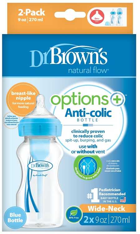 Dr Browns Dr.Browns WB92602 plataus kaklo buteliukas 270 ml PP OPTIONS PLUS 2 PACK mėlynas