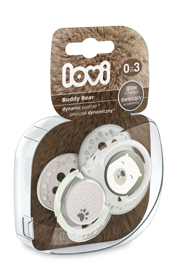 LOVI dinaminis silikoninis čiulptukas BUDDY BEAR, 0-3 mėn., 2 vnt., 22/863