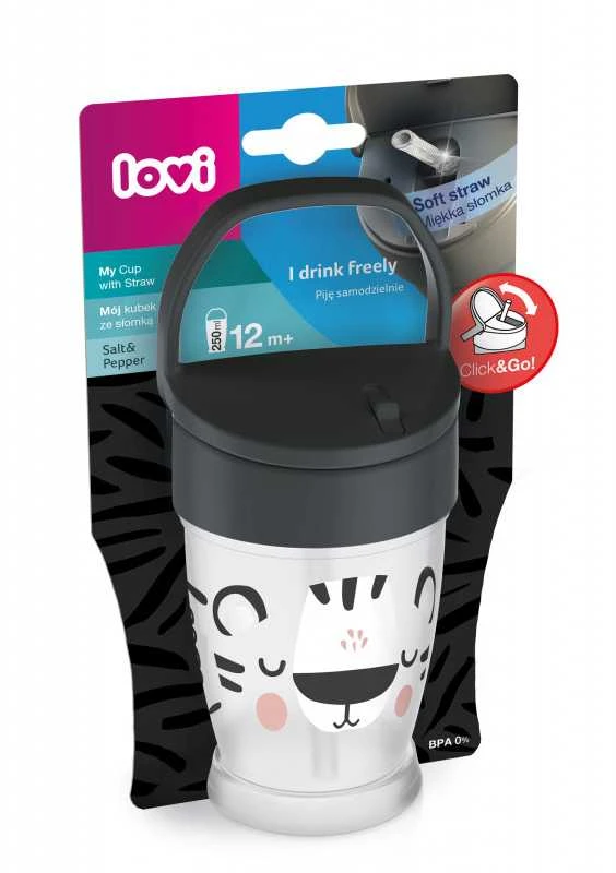 LOVI puodelis su šiaudeliu JUNIOR Salt&Pepper, 250 ml, 35/356