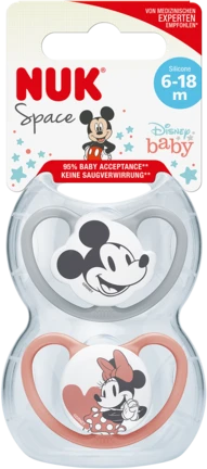 NUK 176286 čiulptukas 6-18 raminantis silikonas SPACE MICKEY MOUSE 2vnt