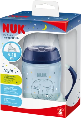 NUK ZE-102 FC rinkinys 150 ml buteliukas su naktinėmis rankenomis + silikoninis snapelis be gurkšnelių