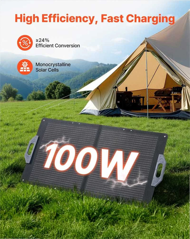 100 W sulankstoma saulės baterija stovyklavimui ir žygiams, didelio efektyvumo monokristalinis įkroviklis, nešiojamas maitinimo sprendimas, nešiojamas saulės įkroviklis, lauko saulės baterija, 100 W sulankstomas saulės įkroviklis