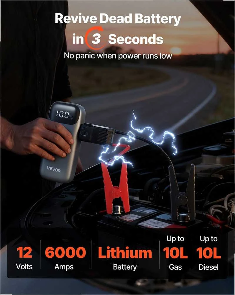 12 V nešiojamasis ličio paleidėjas 10 l benzininiams ir dyzeliniams varikliams, 3-in-1 žibintuvėlis išorinė baterija, automobilio akumuliatoriaus stiprintuvas, avarinio užvedimo dėžė, nešiojamas paleidėjas