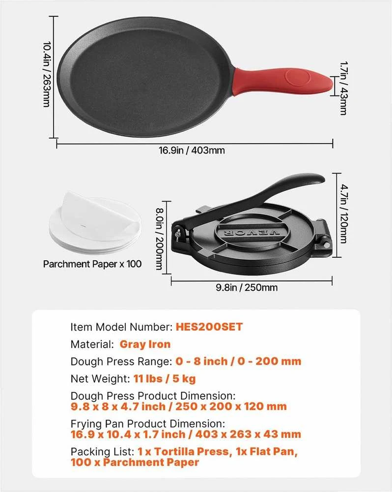 20 cm ketaus tortilijų presas, tvirtas ergonomiškas tešlos formuotuvas su kepimo popieriumi, roti ir paplotėlių presas, tortilijų gaminimo alternatyva