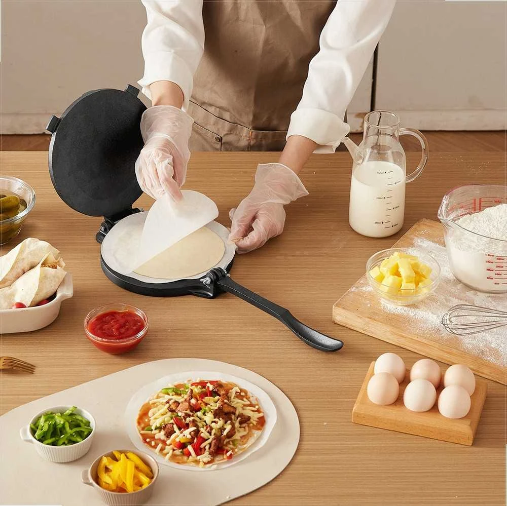 20 cm ketaus tortilijų presas, tvirtas ergonomiškas tešlos formuotuvas su kepimo popieriumi, roti ir paplotėlių presas, tortilijų gaminimo alternatyva