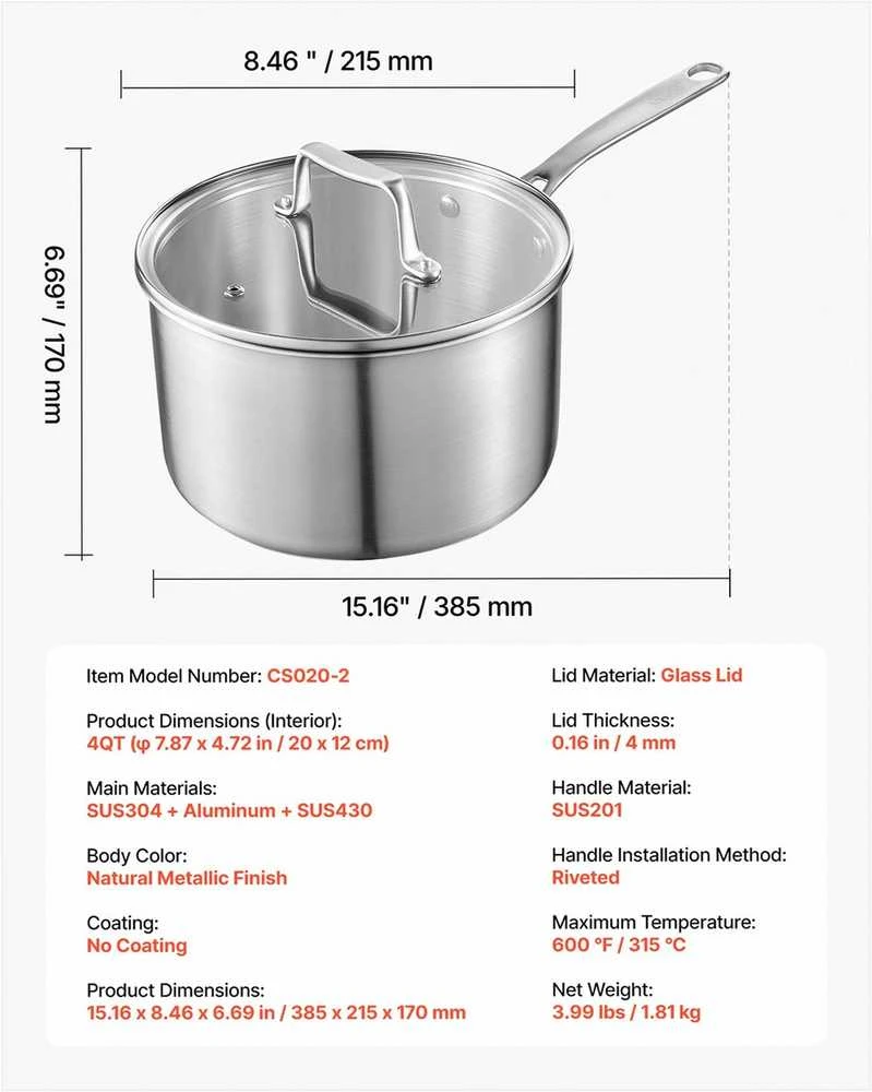 3,78 l nerūdijančio plieno prikaistuvis su stikliniu dangčiu, suderinamas su indukcija, saugus orkaitėje, universalus puodas