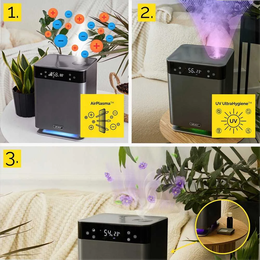5-in-1 ultragarsinis oro drėkintuvas namams, UV sterilizacija, Wi-Fi valdymas, nuotaikos apšvietimas, išmanusis drėkintuvas, plazminis jonizatorius, oro valymas