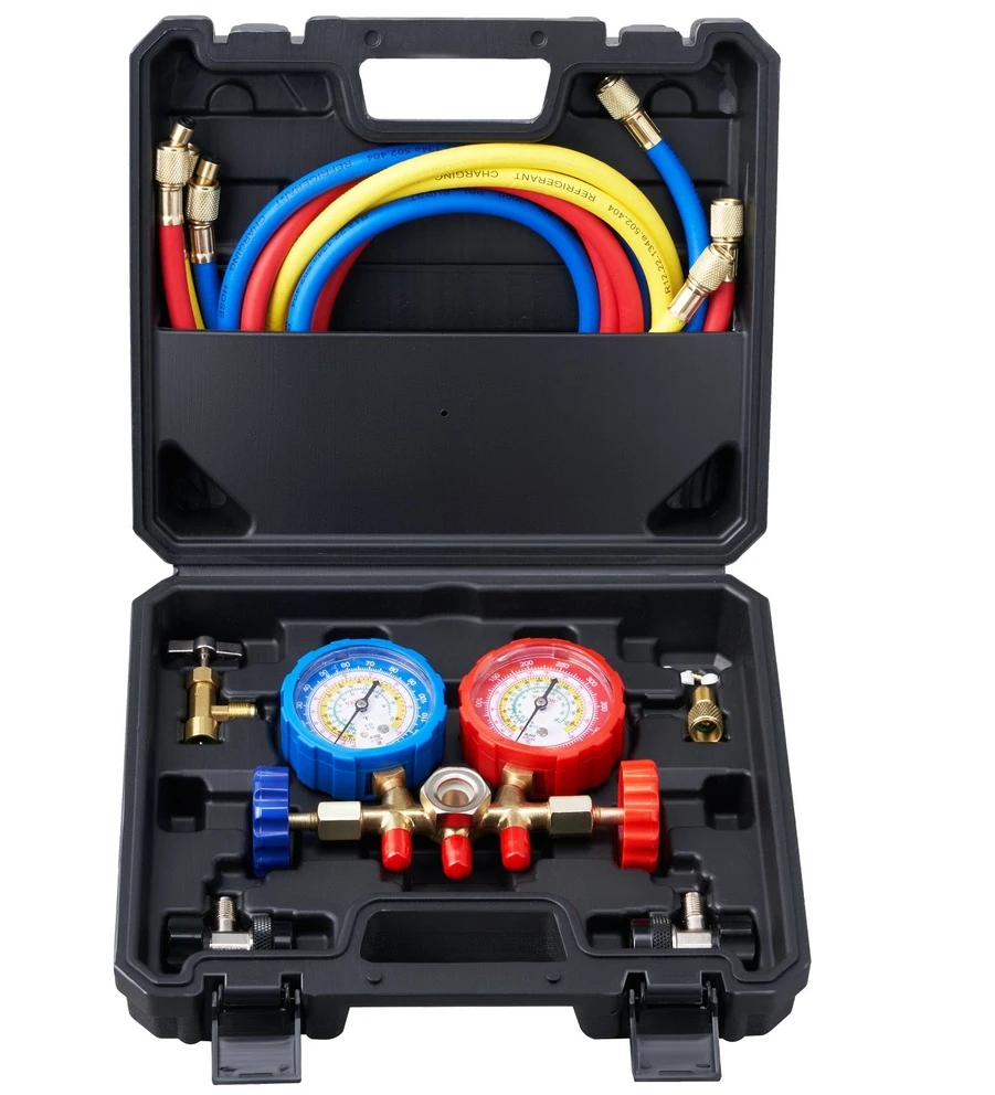 AC diagnostikos kolektorius R134A R22 R12 R502, 3 krypčių su žarnomis, šaldymo įkrovimo rinkinys, automobilių kondicionierių priežiūrai, freono pildymo komplektas