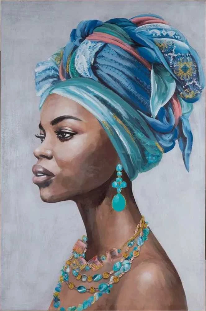 Eurofirany Afrikos moters portretas, rankomis tapytas ant drobės, pilki ir mėlyni tonai, 80x120 cm, dekoratyvinis sienų menas etniniam ir moderniam interjerui, paveikslas namams