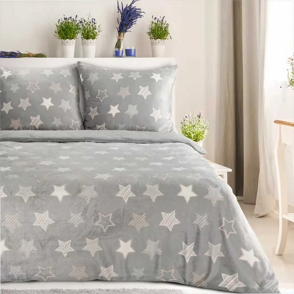 Eurofirany Aksominės patalynės komplektas 220x200 cm, šiltas žieminis antklodės užvalkalas su pagalvių užvalkalais, minkštas poliesterio aksomas, žvaigždžių raštas, šiluminis komfortas, miegamojo tekstilė