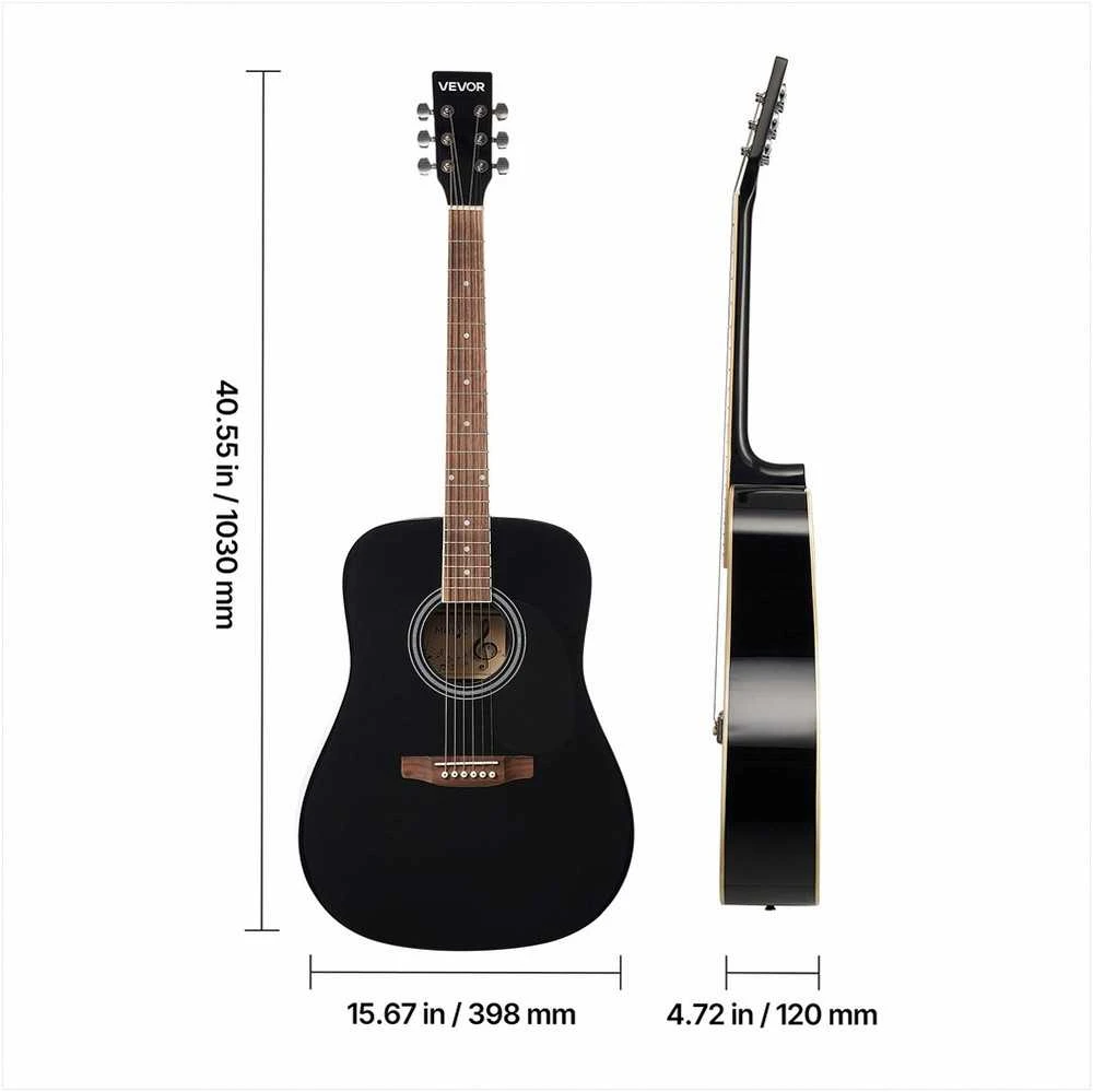 Akustinė gitara aukštiems grotojams, „dreadnought“ pradedančiųjų rinkinys juodas, pilno dydžio eglės viršus raudonmedžio korpusas, vandeniui atsparus dėklas komplekte