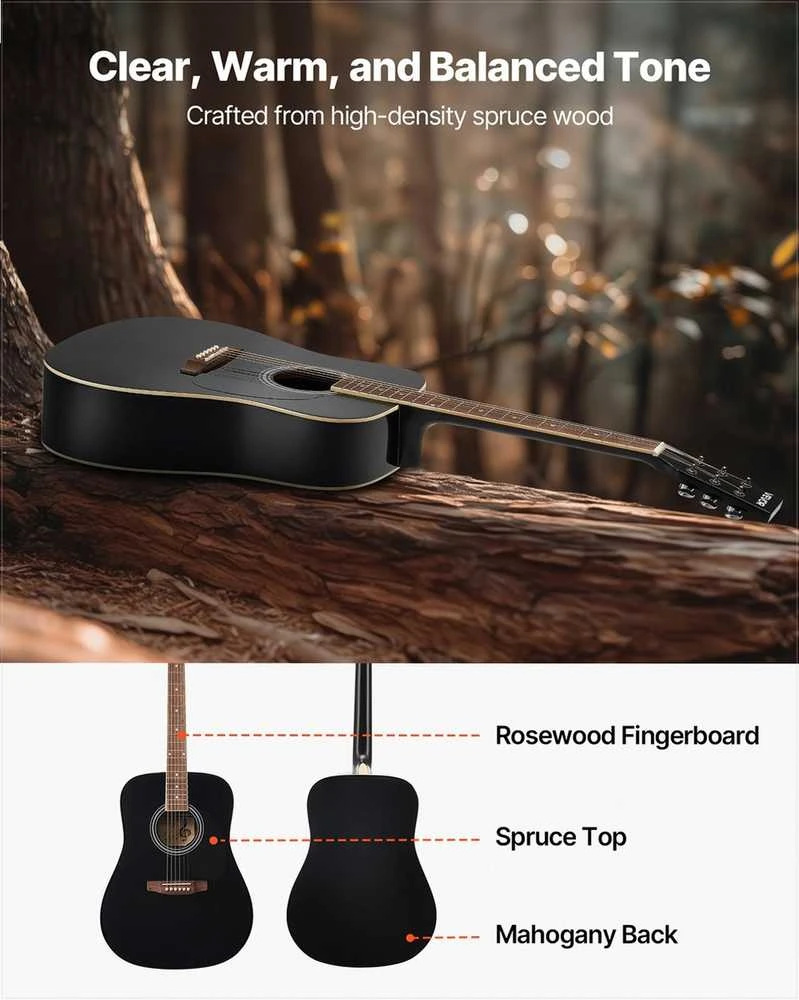 Akustinė gitara aukštiems grotojams, „dreadnought“ pradedančiųjų rinkinys juodas, pilno dydžio eglės viršus raudonmedžio korpusas, vandeniui atsparus dėklas komplekte