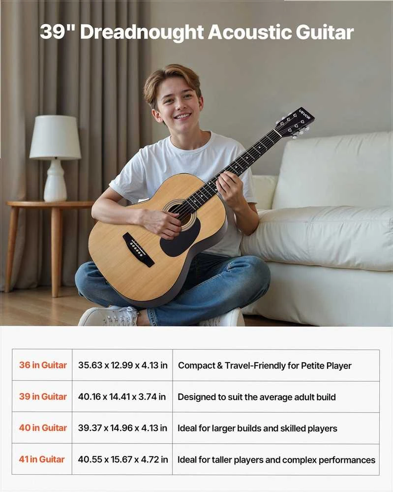 Akustinė gitara pradedantiesiems, natūralios apdailos dreadnought, pilnas komplektas su dėklu, pradedančiųjų akustinė gitara, dreadnought gitara, akustinės gitaros rinkinys