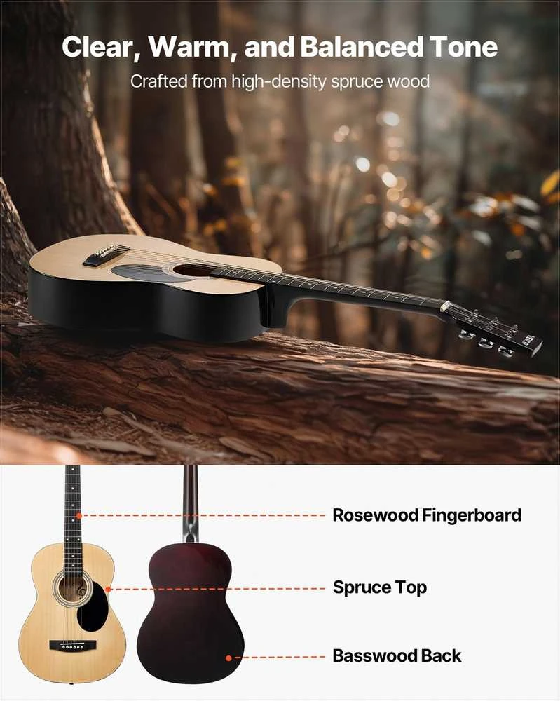 Akustinė gitara pradedantiesiems, natūralios apdailos dreadnought, pilnas komplektas su dėklu, pradedančiųjų akustinė gitara, dreadnought gitara, akustinės gitaros rinkinys