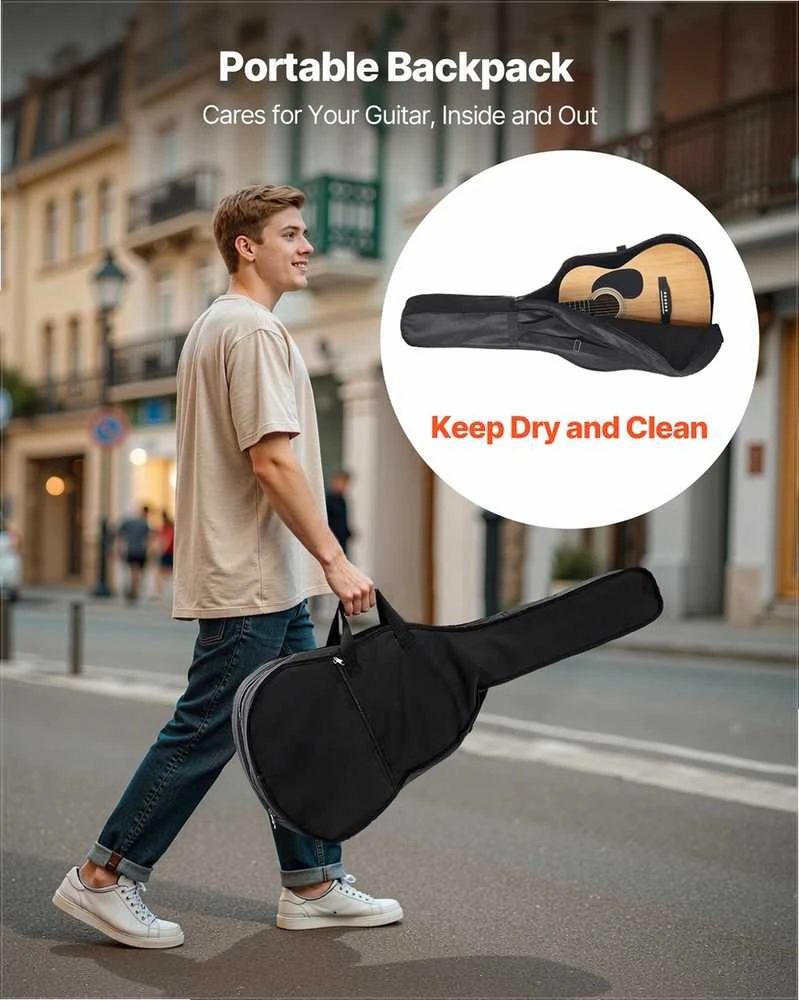 Akustinė gitara pradedantiesiems, natūralios apdailos dreadnought, pilnas komplektas su dėklu, pradedančiųjų akustinė gitara, dreadnought gitara, akustinės gitaros rinkinys