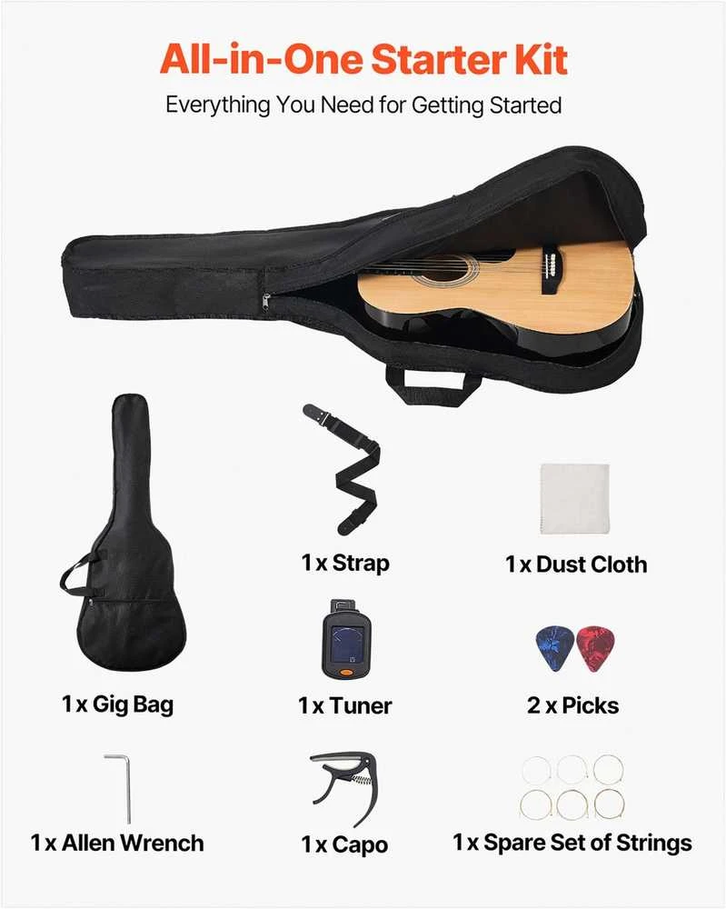 Akustinė gitara pradedantiesiems, natūralios apdailos dreadnought, pilnas komplektas su dėklu, pradedančiųjų akustinė gitara, dreadnought gitara, akustinės gitaros rinkinys