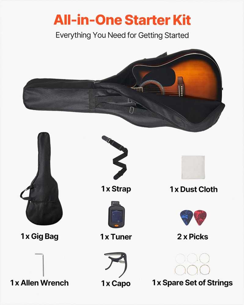 Akustinė gitara pradedantiesiems, „sunburst“ akustinė gitara su dėklu, subalansuoto tono akustinė gitara pradedantiesiems, pilno dydžio akustinės gitaros rinkinys pradedantiesiems