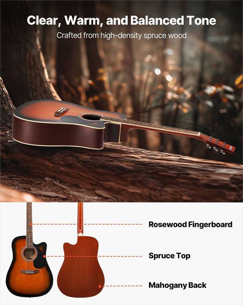 Akustinė gitara pradedantiesiems, „sunburst“ akustinė gitara su dėklu, subalansuoto tono akustinė gitara pradedantiesiems, pilno dydžio akustinės gitaros rinkinys pradedantiesiems