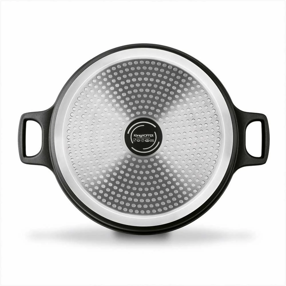 Aliuminė indukcinė keptuvė su neprisvylančia danga, stikliniu dangčiu, saugi naudoti orkaitėje iki 200 °C, 28 cm skersmuo, matinė juoda, indukcinė keptuvė, gili keptuvė kepimui