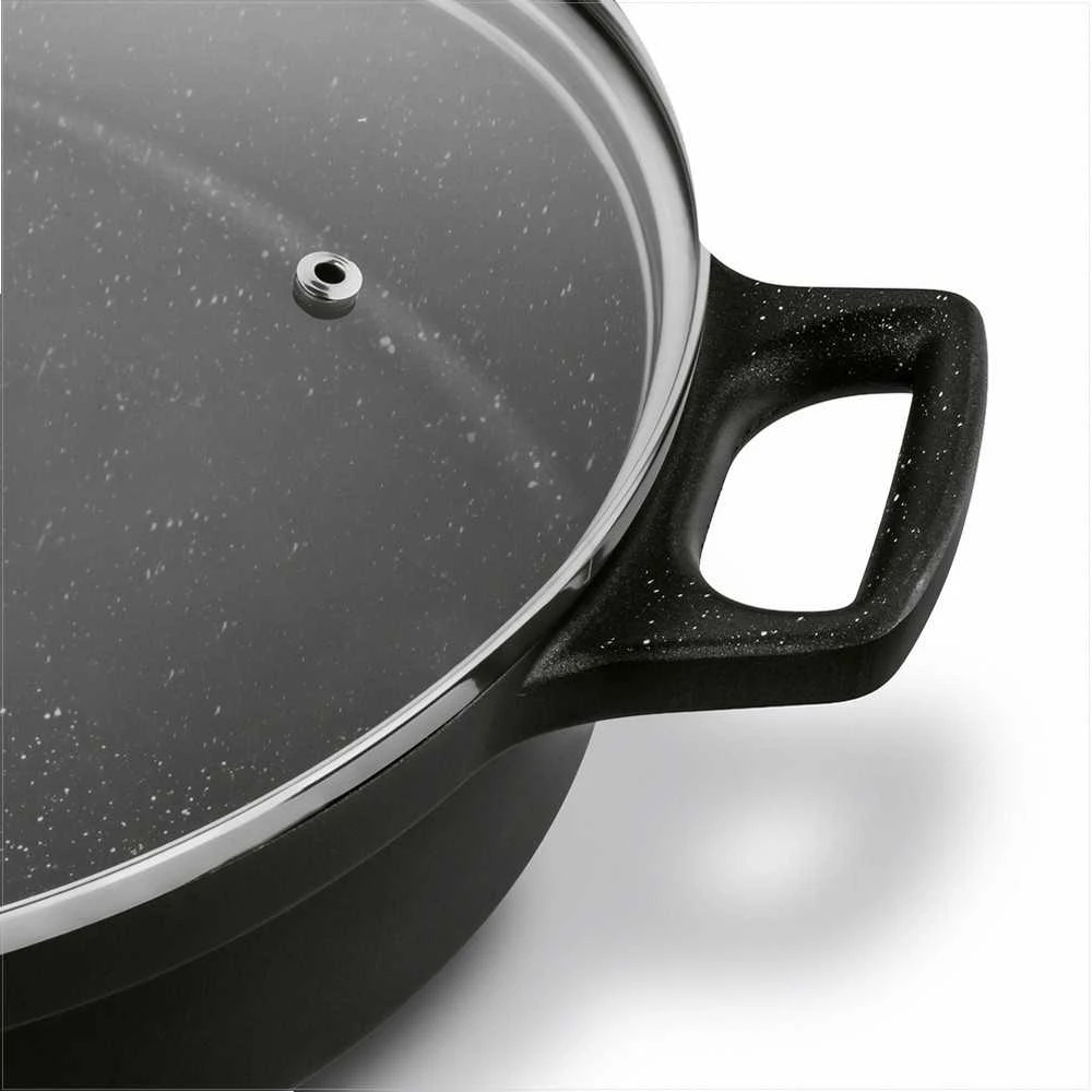 Aliuminė indukcinė keptuvė su neprisvylančia danga, stikliniu dangčiu, saugi naudoti orkaitėje iki 200 °C, 28 cm skersmuo, matinė juoda, indukcinė keptuvė, gili keptuvė kepimui