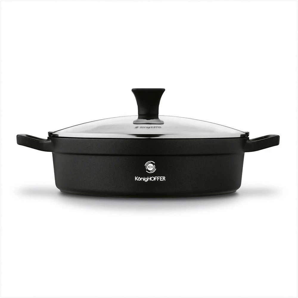 Aliuminė indukcinė keptuvė su neprisvylančia danga, stikliniu dangčiu, saugi naudoti orkaitėje iki 200 °C, 28 cm skersmuo, matinė juoda, indukcinė keptuvė, gili keptuvė kepimui