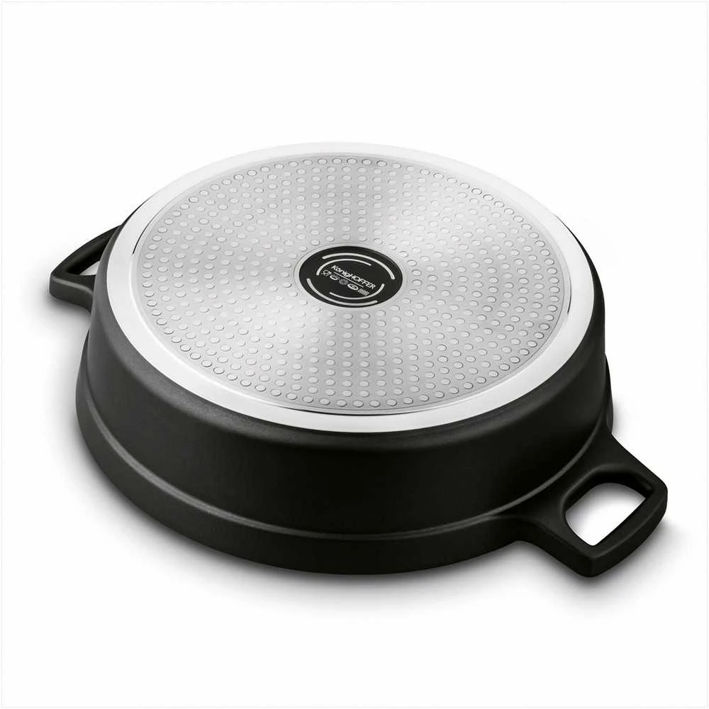 Aliuminė indukcinė keptuvė su neprisvylančia danga, stikliniu dangčiu, saugi naudoti orkaitėje iki 200 °C, 28 cm skersmuo, matinė juoda, indukcinė keptuvė, gili keptuvė kepimui