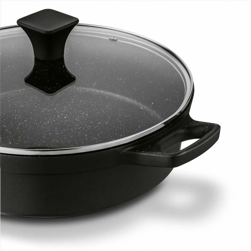 Aliuminė indukcinė keptuvė su neprisvylančia danga, stikliniu dangčiu, saugi naudoti orkaitėje iki 200 °C, 28 cm skersmuo, matinė juoda, indukcinė keptuvė, gili keptuvė kepimui