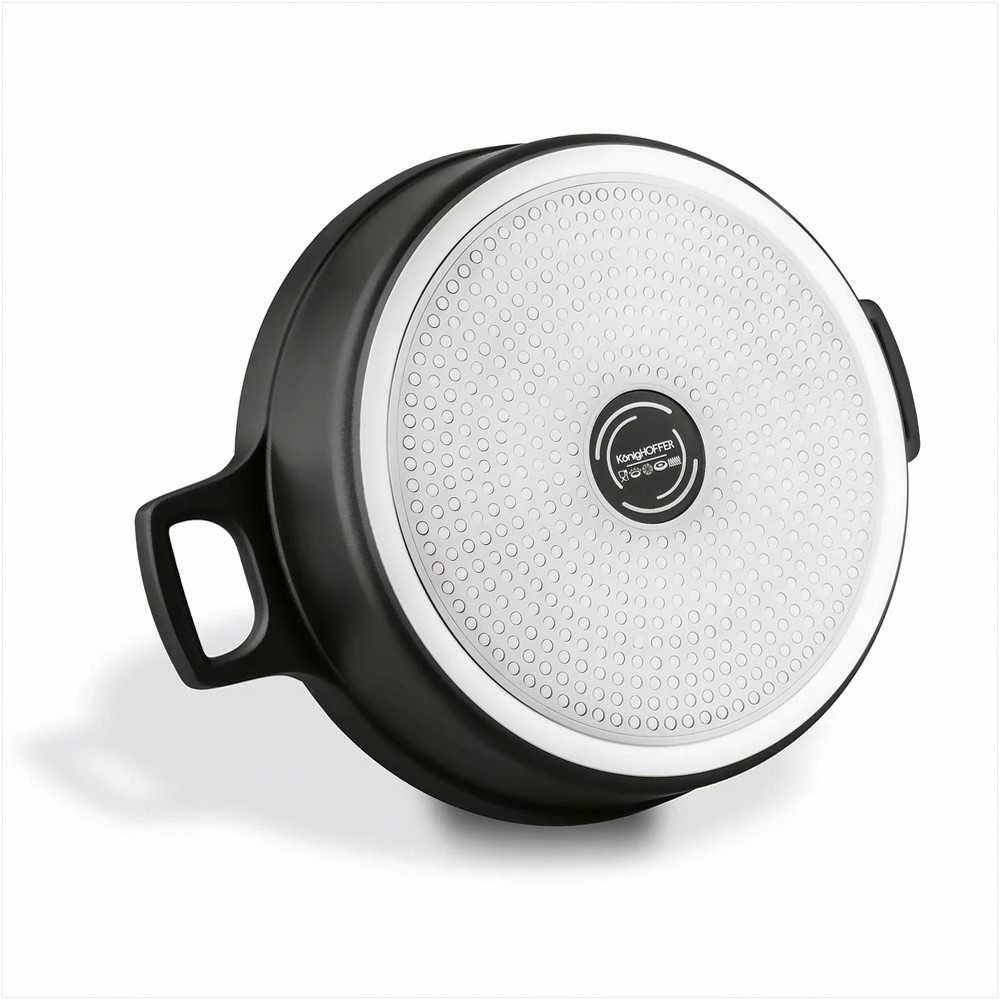Aliuminė indukcinė keptuvė su neprisvylančia danga, stikliniu dangčiu, saugi naudoti orkaitėje iki 200 °C, 28 cm skersmuo, matinė juoda, indukcinė keptuvė, gili keptuvė kepimui