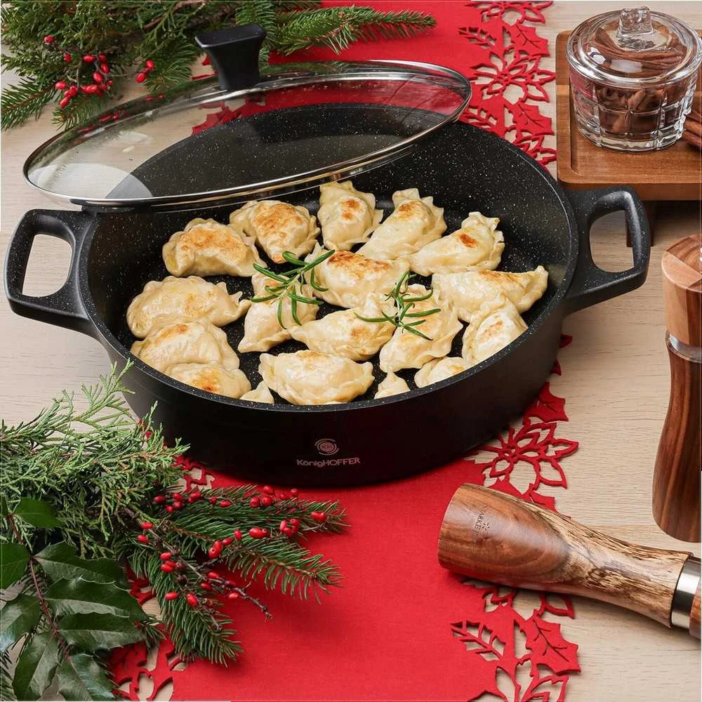 Aliuminė indukcinė keptuvė su stikliniu dangčiu, aukštais kraštais neprisvylanti danga, 32 cm kepimo keptuvė, tinkama orkaitei gili keptuvė