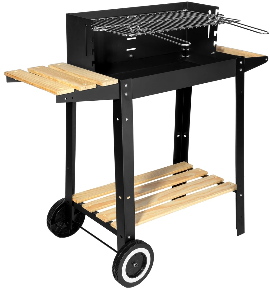 Anglies kepsninė su ratukais, reguliuojamu aukščiu, iešmu, juoda lauko BBQ grilius, šašlykinė, kepimo grotelės