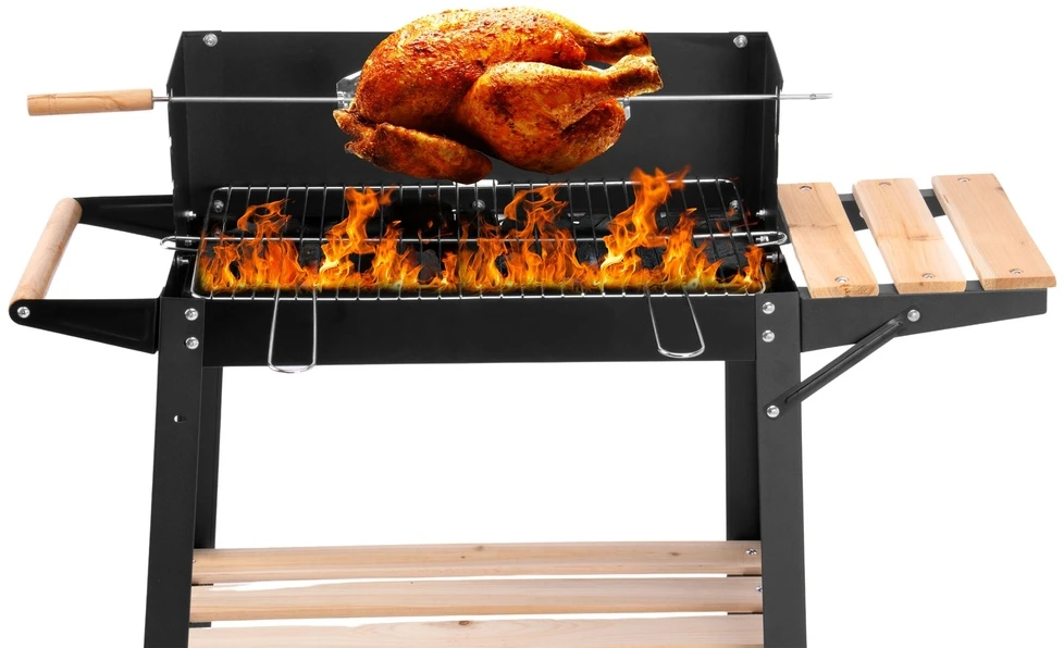 Anglies kepsninė su ratukais, reguliuojamu aukščiu, iešmu, juoda lauko BBQ grilius, šašlykinė, kepimo grotelės
