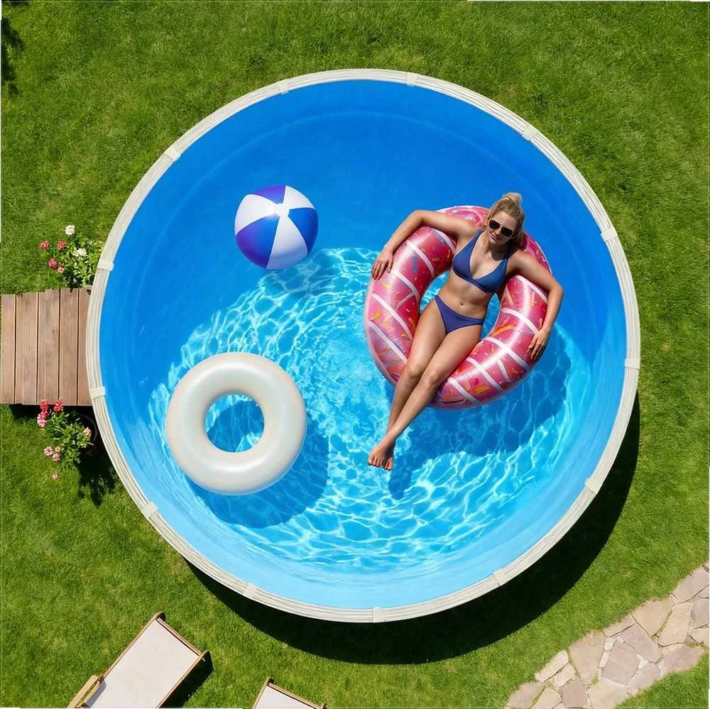Apvali užleidžiama baseino danga antžeminiams baseinams, aukščiausios kokybės vinilas, neslystantis paviršius, mėlyna baseino danga, 3600 mm skersmens baseino danga