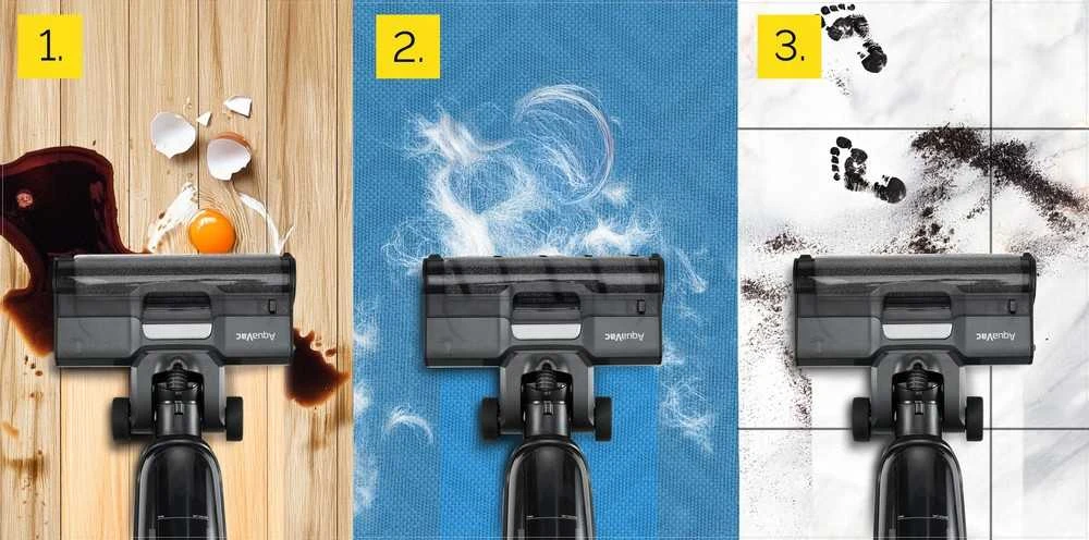 Aquavac Belaidis vertikalus dulkių siurblys su plovimo funkcija 6-in-1 kietoms grindims ir kilimams, HEPA12 filtravimas, 400 m² plotui, 60 min veikimo laikas, drėgno ir sauso valymo siurblys, daugiafunkcis grindų valytuvas, plaunantis siurblys šluota