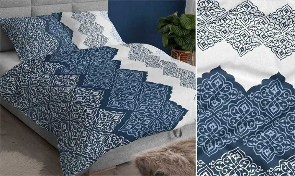 Atlasinės patalynės komplektas, 160x200 cm, tamsiai mėlynos ir baltos spalvos geometrinis raštas, minkšta medvilninė patalynė, patalynės komplektas su užtrauktuku, patogi patalynė, medvilninė patalynė