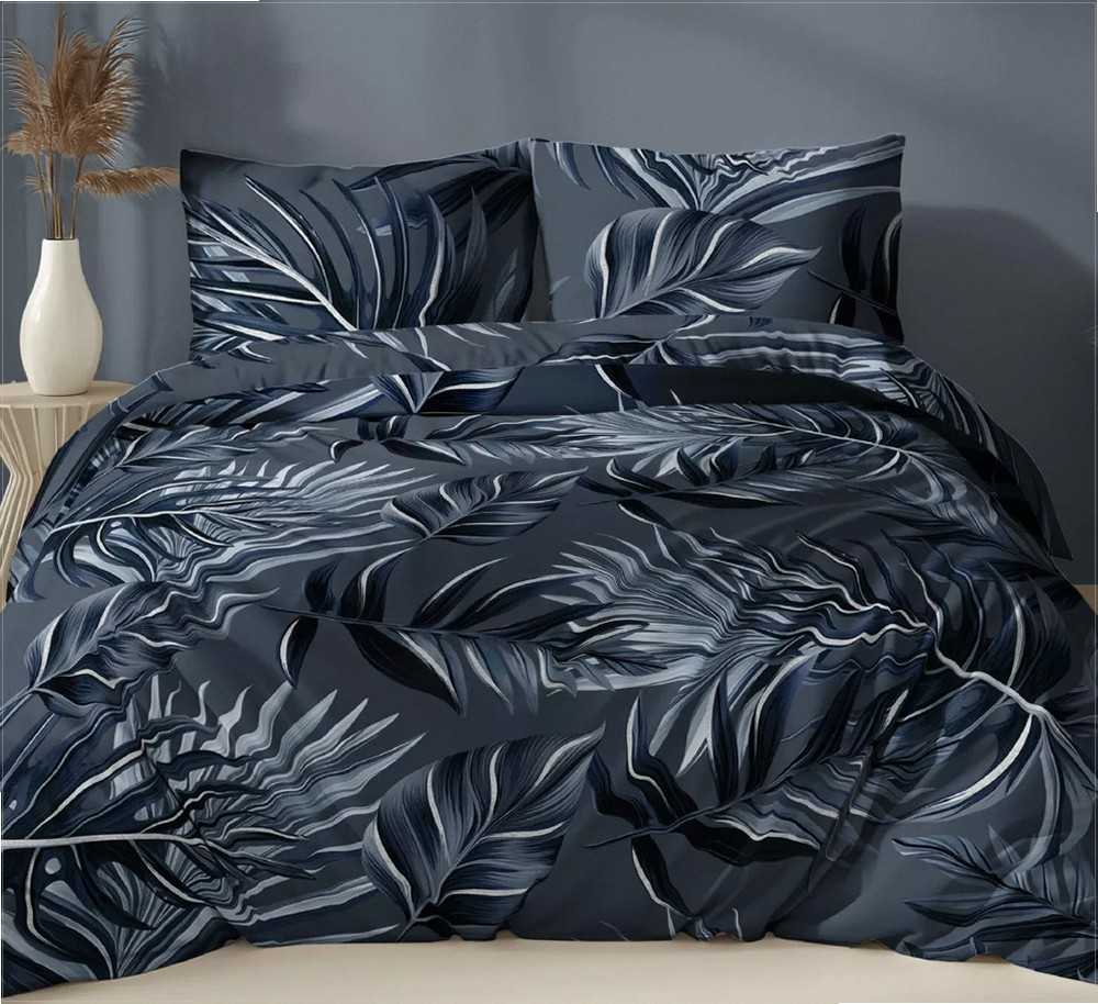 Atlasinės patalynės komplektas 160x200 cm, tamsiai mėlyni lapai, užtrauktukas, minkšta medvilninė patalynė, gėlėta patalynė, miegamojo patalynė