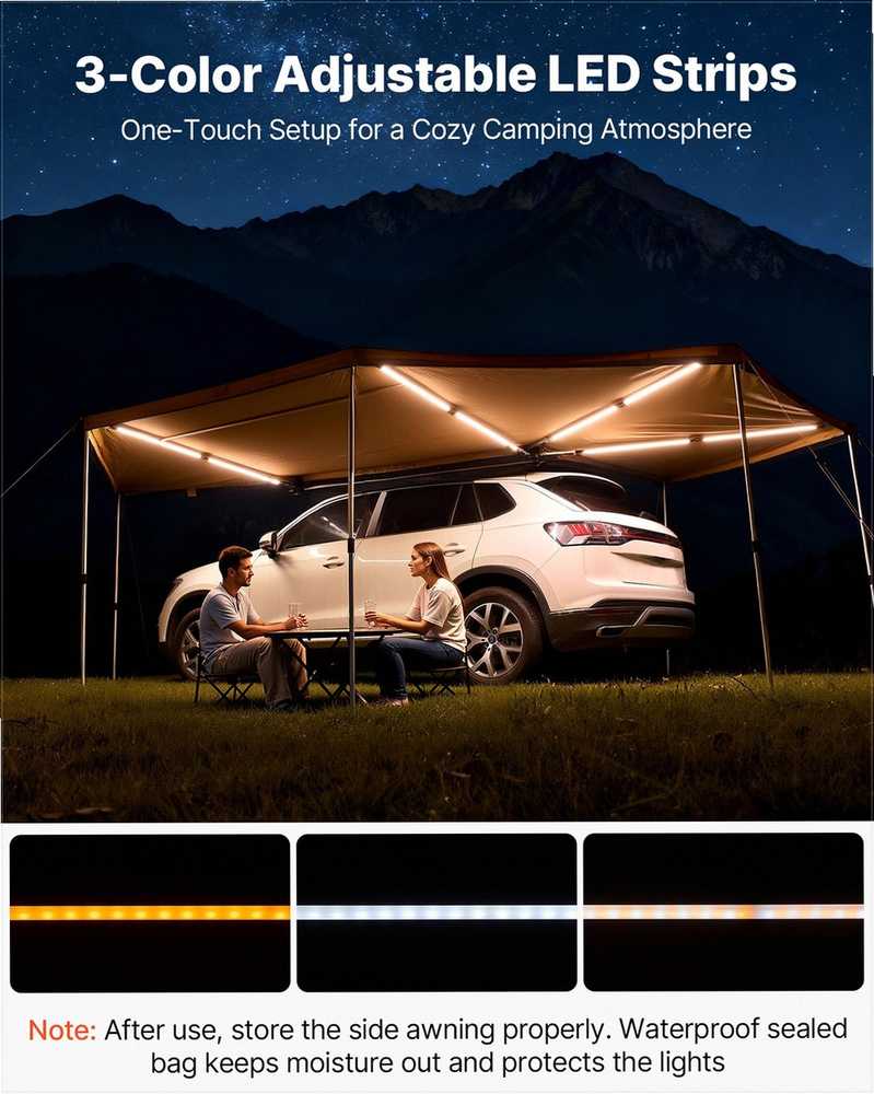 Automobilio šoninė markizė su integruotomis LED lemputėmis stovyklavimui, 270 laipsnių aprėptis, atspari vandeniui, UV50+ apsauga, ištraukiama automobilio markizė, pastogė visureigiams ir bekelei