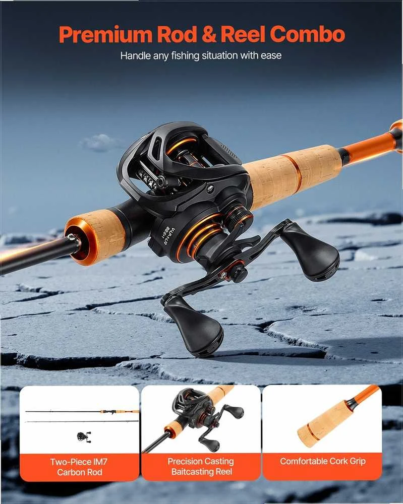 Baitcasting meškerės ir ritės komplektas ešerių žvejybai, IM7 anglies pluošto vidutinės galios, 2 metrų meškerė, universalus baitcasting rinkinys