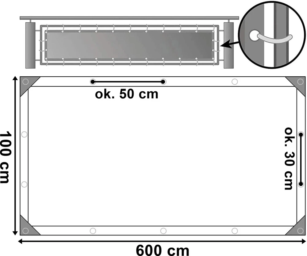 Balkono uždanga pilka 1x6 m, apsauga nuo saulės, UV filtras, HDPE, balkonų uždangalas, tvorelės uždanga
