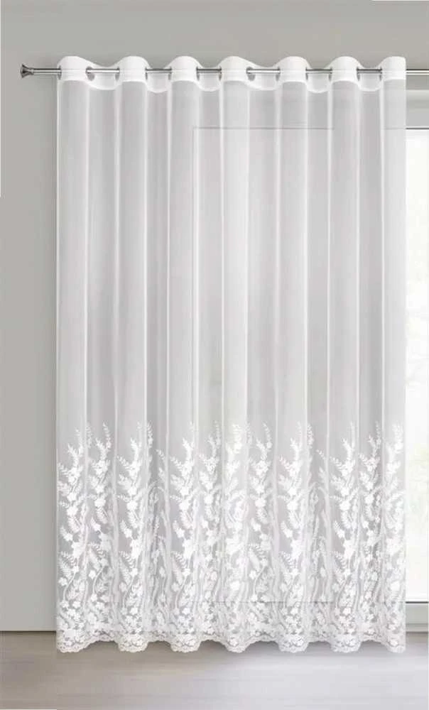 Eurofirany Balta gėlėmis siuvinėta paruošta užuolaida su žiedais, 300x250 cm, poliesterio langų dekoras, dieninė užuolaida svetainei