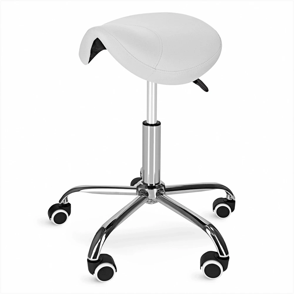 Balta masažinė balno kėdė, reguliuojamo aukščio medicininė kėdė, ergonominė terapijos kėdė, patogi procedūrų kėdė